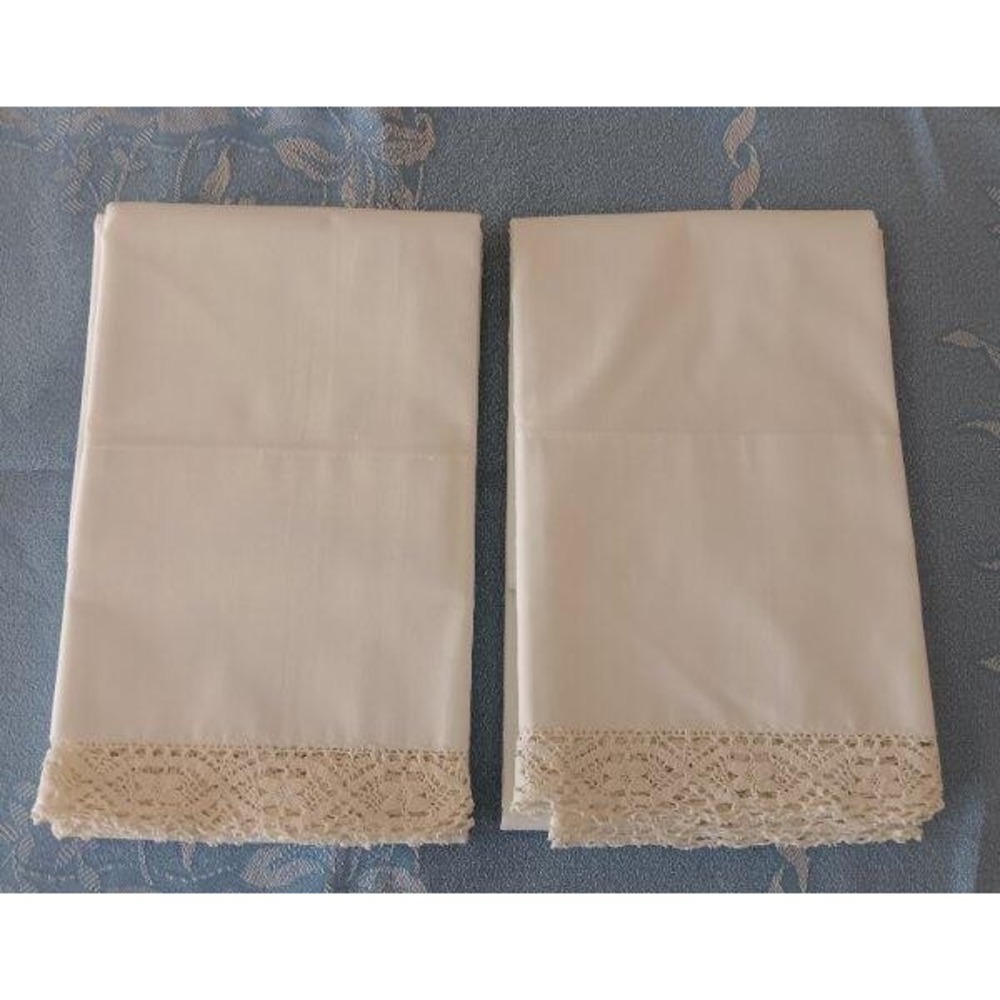New Vintage Set Cotton Pillowcases Bobbin Lace Ivory Springmaid Wondercale